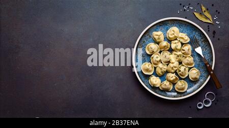 Piatto di gnocchi tradizionali russi, ravioli su sfondo scuro. Vista dall'alto. Foto Stock