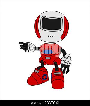 Il robot punta lateralmente, punta a qualcosa. Illustrazione Vettoriale