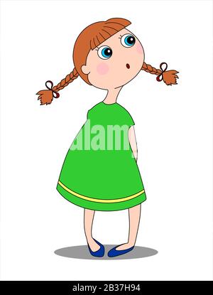 Sorpresa bambina con occhi blu, capelli rossi, intrecciata in pigtail, in un abito verde e scarpe blu sta guardando a sinistra. Immagine vettoriale isolata. Illustrazione Vettoriale