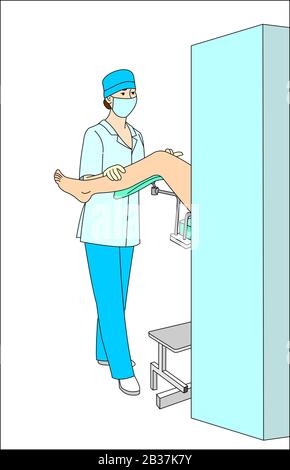 Consulenza Ginecologica. Medico e paziente in Clinica. Donna In Sedia Ginecologica. Medico e paziente in Clinica. Ginecologia E Donna Salute Conce Illustrazione Vettoriale