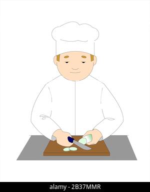 Il Cuoco Taglia Le Verdure Su Un Tagliere Con Un Coltello. Illustrazione Vettoriale