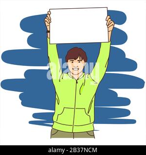 Un uomo tiene sopra la sua testa sulle mani tese un foglio vuoto per il testo o l'immagine. Illustrazione moderna del vettore piatto. Illustrazione Vettoriale