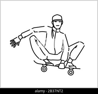 Skater Jump Su Skateboard. Il Guy Nel Berretto Di Baseball Fa Il Trick Di Skateboarding. Immagine vettoriale di contorno Isolata su sfondo bianco. Illustrazione Vettoriale