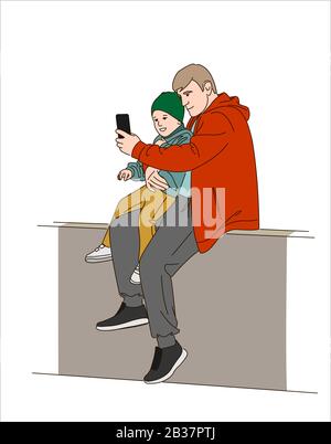 Papà e figlio fanno selfie. Padre e figlio sono seduti e scattano foto. Moderna immagine vettoriale piatta su sfondo bianco. Illustrazione Vettoriale