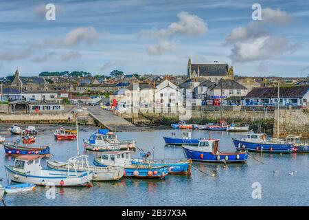 Nelle acque sicure del porto interno di Porthleven le barche da pesca sono allineate su di esso ormeggi con il vivace lato del mare e la città sullo sfondo. Foto Stock