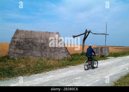 Austria, ciclista non identificato e disegnare bene nel parco nazionale Fertep-Hanmag a Burgenland Foto Stock