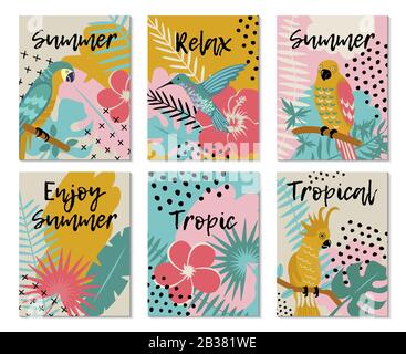 set di uccelli tropicali e fiori tropicali Illustrazione Vettoriale
