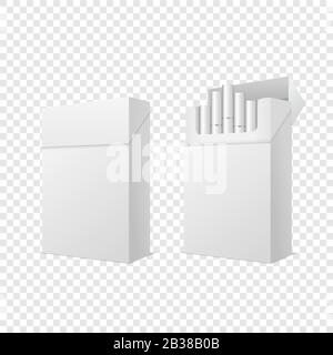 Vettore Realistico Chiuso E Aperto Vuoto Vuoto Chiaro E Con Sigarette Pack Box Set Isolato Su Sfondo Trasparente. Modello Di Progettazione. Fumo Illustrazione Vettoriale