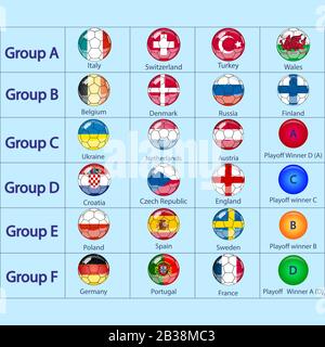 Gruppi di qualificazione dei tornei di calcio europei. Torneo europeo di calcio 2020. Bandiere di campagna. Illustrazione Vettoriale