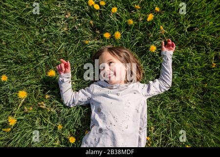 Sopra-vista di un bambino sorridente felice che si posa in un campo di fiori selvatici Foto Stock