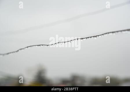 Filo di clothesline pieno di piccole gocce in una giornata piovosa con una messa a fuoco selettiva nel centro profondità di campo molto poco profonda Foto Stock