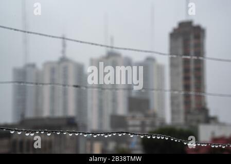 Cavo Clothesline pieno di piccole gocce in una giornata di pioggia con un fuoco selettivo su di loro e profondità di campo molto poco profonda con uno sfondo sfocato Foto Stock