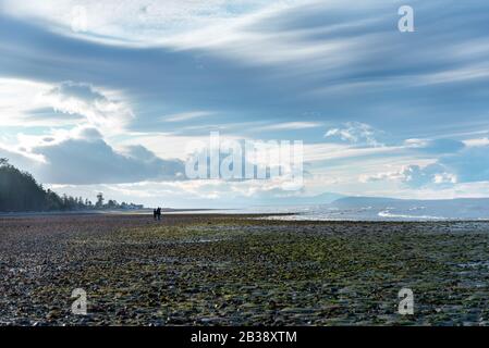 Accoppiano su Un'Ampia spiaggia Guardando gli ultimi Raggi del sole Gioca su Spettacolari Formazioni Cloud. Inizio Primavera A Rathtrevor Beach. Stanza per il testo. Foto Stock