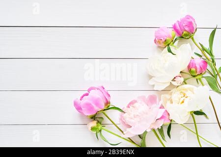 Sfondo floreale con belle peonie rosa e bianche su sfondo bianco di legno. Compleanno, giorno delle San Valentino, giorno della mamma o concetto di giorno della donna. Foto Stock