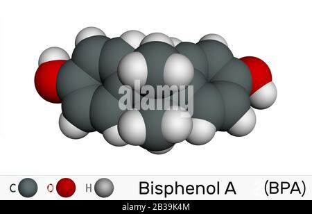 Bisfenolo A, BPA, molecola C15H16O2. È precursore di plastiche di policarbonato e resine epossidiche. Modello molecolare. Rendering 3D Foto Stock