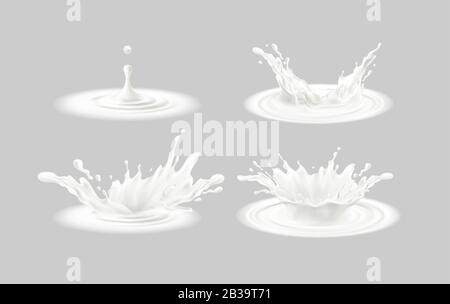 Set di schizzi realistici di latte isolato su sfondo grigio. Corona liquida bianca Realistica 3D. Illustrazione del vettore Illustrazione Vettoriale
