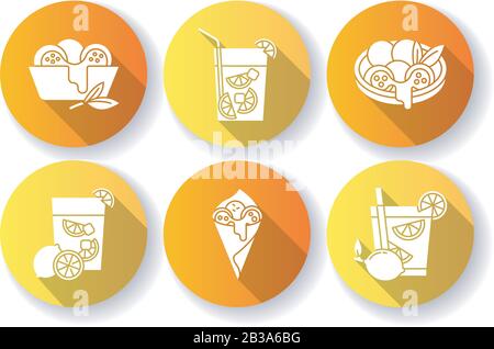 Cucina brasiliana piatto design lungo ombra glyph icone set. Arancini. Сheese pane. Caipirinha. Bevanda alcolica con calce. Cibo tradizionale e. Illustrazione Vettoriale