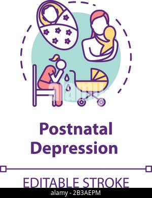 Icona del concetto di depressione postnatale. Depressione post-partum. PPD. Giovane madre stressata. Illustrazione della linea sottile dell'idea di disturbo dell'umore. Vettore isolato Illustrazione Vettoriale