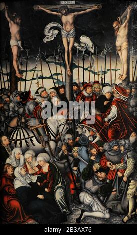 Lucas Cranach Il Vecchio (1472-1553). Pittore tedesco. Il Calvario, prima metà del 16th secolo. Museo Lazaro Galdiano. Madrid. Spagna. Foto Stock