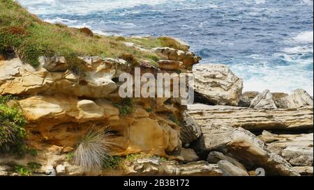 Costa del mare con onde che si infrangono sulle rocce. Montare con erba e calcare. Foto Stock