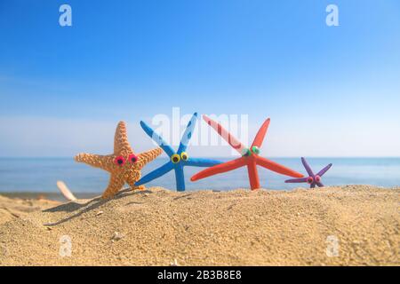 Divertenti pesci stella con gli occhi sulla spiaggia con il mare sullo sfondo Foto Stock