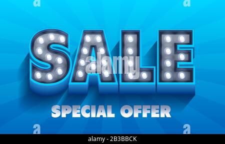 Parola di vendita. Banner con luci retrò con lampadine incandescenti Illustrazione Vettoriale