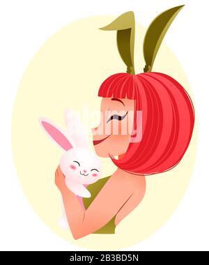 Immagine della ragazza coniglietta di Pasqua. Giovane ragazza sorridente che indossa orecchie bunny abbracci coniglio Illustrazione Vettoriale