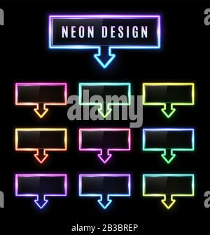 Puntatore a freccia rettangolare neon impostato con gradiente di colore su sfondo nero. Simbolo delle frecce luminose. Struttura luminosa luminosa con plat in plastica lucida Illustrazione Vettoriale