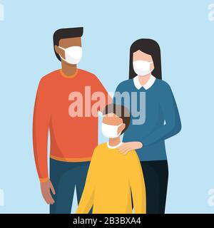 Famiglia che indossa una maschera facciale protettiva, prevenzione del coronavirus covid-19 Illustrazione Vettoriale