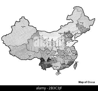 Mappa luminosa della Cina. Mappa della Cina illustrazione grafica su sfondo bianco. Foto Stock