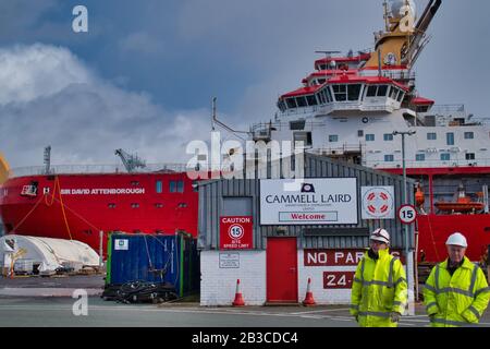 La sovrastruttura e il ponte della nave polare di ricerca RSS Sir David Attenborough, in costruzione a Cammell Laird Shipbuilders a Birkenhead on Foto Stock