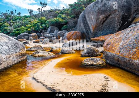Enormi massi ricoperti di colorante arancione - marrone sul fiume Tidal nel Wilsons Promontory National Park, Australia Foto Stock