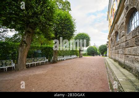 Un vuoto percorso di sporcizia intorno al Palazzo di Caterina fiancheggiato da alberi, giardini e panchine bianche nella storica Russia Pushkin. Foto Stock