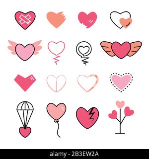 Cuori piatto e linea icona rosa colore set Illustrazione Vettoriale