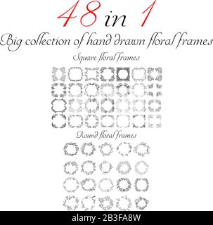 Grande collezione di 48 cornici floreali rotonde e quadrate. Fiori botanici floreali grandi set isolato su uno sfondo bianco. Collec. Vettore contorno disegnato a mano Illustrazione Vettoriale