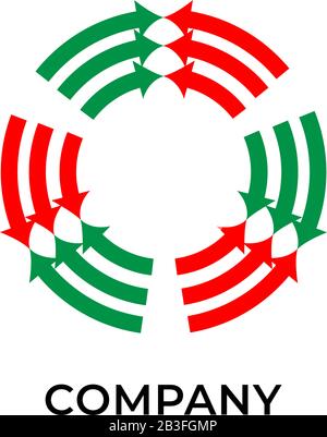 Tre strati di frecce rosse e verdi che girano. Modello di logo. Concetto di logo riciclato isolato su sfondo bianco Illustrazione Vettoriale