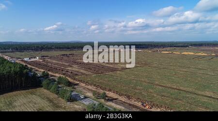 04 marzo 2020, Brandenburg, Grünheide: Vista della zona forestale sgomberata sul sito della futura Tesla Gigafactory (foto aerea con drone). Ci si aspetta che il produttore di auto elettriche statunitense Tesla inizierà a costruire la propria fabbrica a Grünheide, nei pressi di Berlino, a marzo. Tesla sta progettando di costruire una gigafabbrica su questo sito, a est dell'autostrada A10 Berlin Ring nel comune di Grünheide. Foto: Patrick Pleul/dpa-Zentralbild/dpa Foto Stock