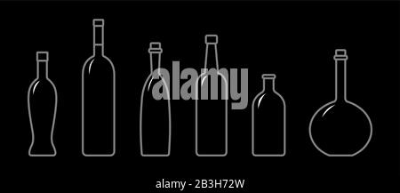 Set Di Bottiglie Di Diverse Forme Con Collo Stretto. Bottiglie In Vetro Per Bevande Varie; Liquidi Diversi. Immagine Vettoriale Su Sfondo Nero. Illustrazione Vettoriale