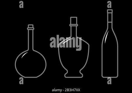 Set Di Bottiglie Di Diverse Forme Con Collo Stretto. Bottiglie In Vetro Per Bevande Varie; Liquidi Diversi. Immagine Vettoriale Su Sfondo Nero. Illustrazione Vettoriale