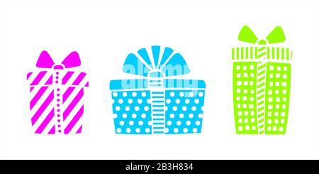 Scatole Multicolore Con Regali Per Compleanno, Natale, Capodanno. Confezione Regalo Per Le Feste. Set Di Scatole Regalo Divertenti. Immagine Vettoriale Isolata Su Un Ba Bianco Illustrazione Vettoriale