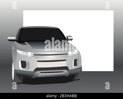 SUV, vista frontale, su uno sfondo di un banner bianco vuoto. Macchina costosa. Inserire il testo. Illustrazione moderna del vettore piatto. Illustrazione Vettoriale