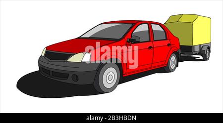 Auto rossa Con rimorchio, vista frontale, Vista A Tre quarti. Illustrazione Vettoriale