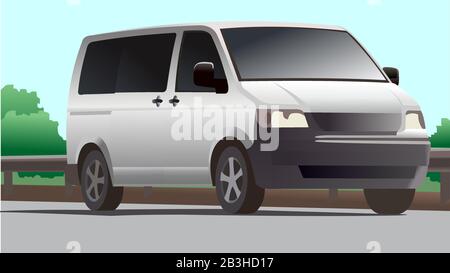 Minivan, tre quarti di vista. Minibus. Auto da lavoro. Auto per una grande famiglia. Trasporto Passeggeri. Illustrazione moderna del vettore piatto. Illustrazione Vettoriale
