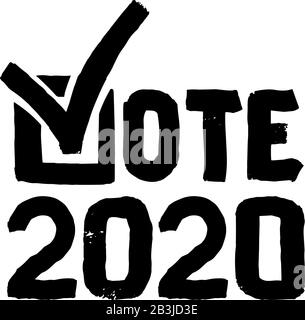 Voto del segno di spunta 2020. Elezioni presidenziali americane 2020. Testo disegnato a mano isolato.Vote parola con segno di spunta. Illustrazione Vettoriale