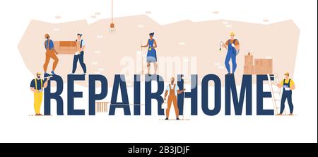 Testo Di Riparazione Domestico E Lavoratore Della Casa Di Gente Molto Piccolo Illustrazione Vettoriale