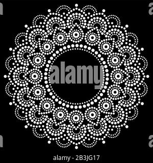 Bohemien mandala pittura a punti disegno vettoriale, stile aborigeno, arte popolare australiana boho ornamento bianco su sfondo nero Illustrazione Vettoriale