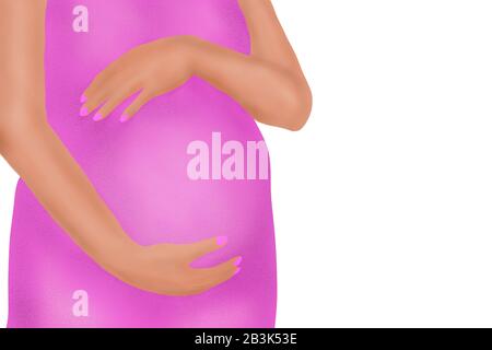 Bella illustrazione disegno di una donna incinta che tiene il suo ventre con entrambe le mani su uno sfondo bianco isolato. Programma di creazione di progetti. Foto Stock