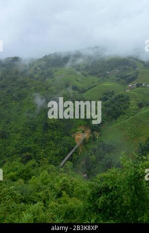 Bach, Regen, Tal, Bruecke, Bergland, Sa Pa, Vietnam Foto Stock