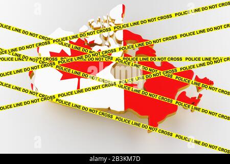 Canada Crime Concept, indagini di polizia. Mappa 3D del Canada. Mappa del Canada frontiera terrestre con bandiera. rendering 3d Foto Stock