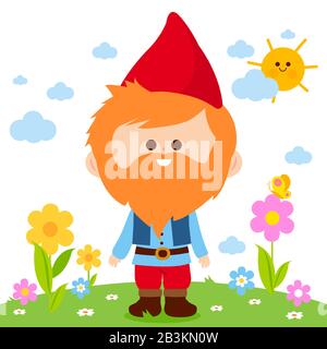 Carino gnome giardino in un bellissimo paesaggio con fiori in primavera. Foto Stock